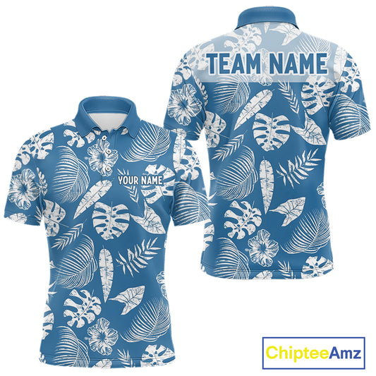 Blue polo shirt with white tropical leaf pattern and customizable text