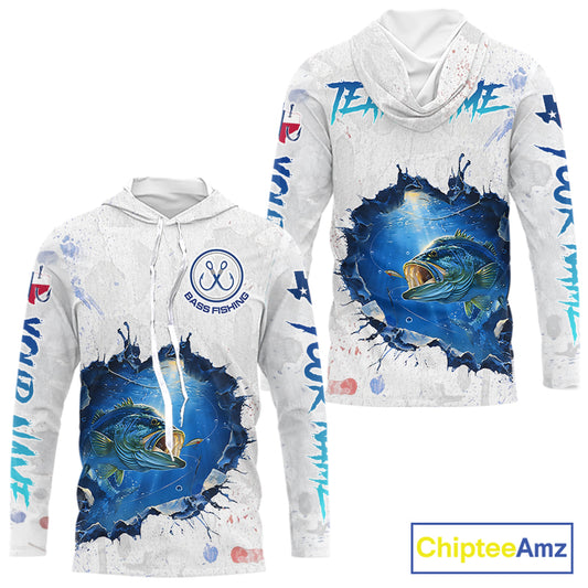 Custom Bass Long Sleeve Hooded Fishing Tournament Shirts, Largemouth Bass Fishing Apparel | White NBT680
