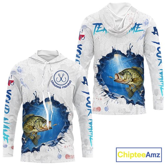 Custom Crappie Fishing Long Sleeve Hooded Tournament Shirts, Crappie Fishing Apparel | White NBT682