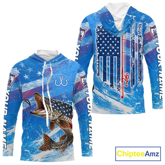 American flag northern pike hooded fishing shirt front and back view