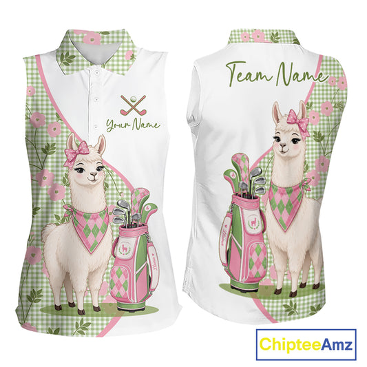 Funny Alpaca Llama Plaid Pattern Womens Sleeveless Golf Polo Shirts, Personalized Golf Gifts NBT791