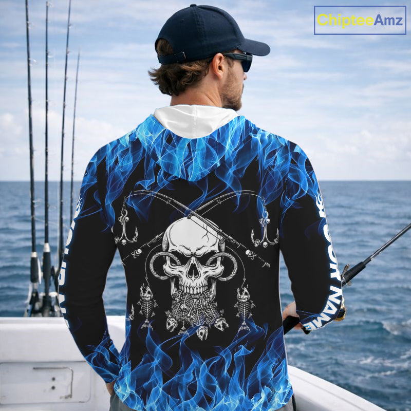 Fish Reaper Fishing Skull Fire Flame Long Sleeve Hooded Tournament Fishing Shirts, Skull Fishing Jerseys NBT692