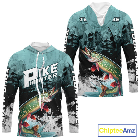 Personalized Northern Pike Fishing Jersey, Team Pike Fishing Long Sleeve Hooded Tournament Shirts NBT693