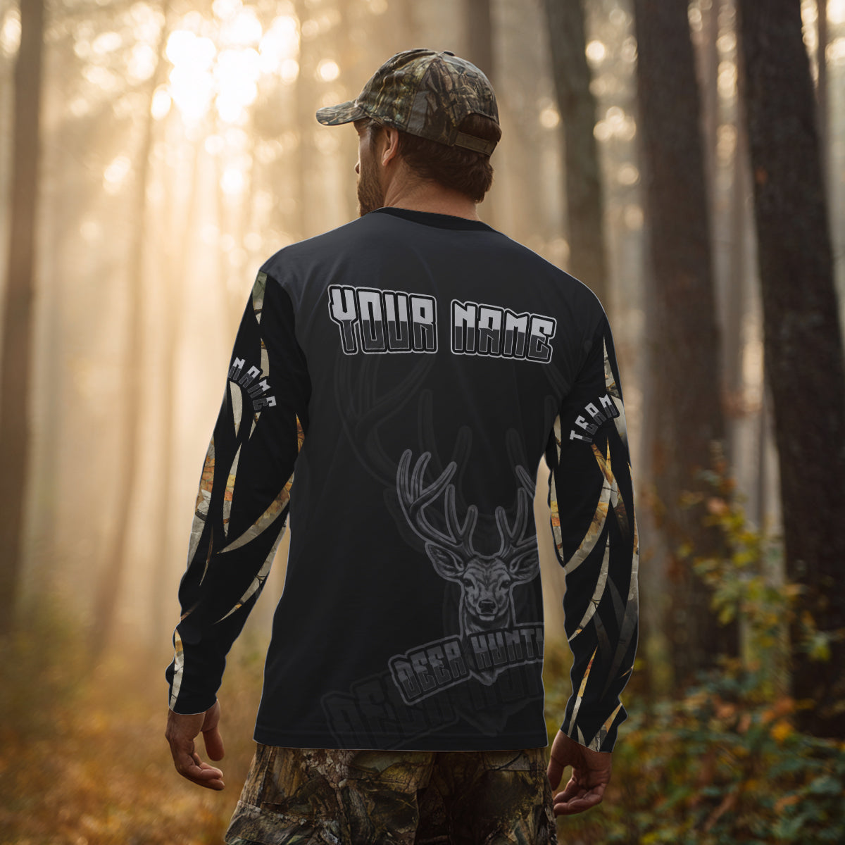 Deer Hunting Black Camo Custom Name Long Sleeve, Hoodie Shirt for Hunters NBT03