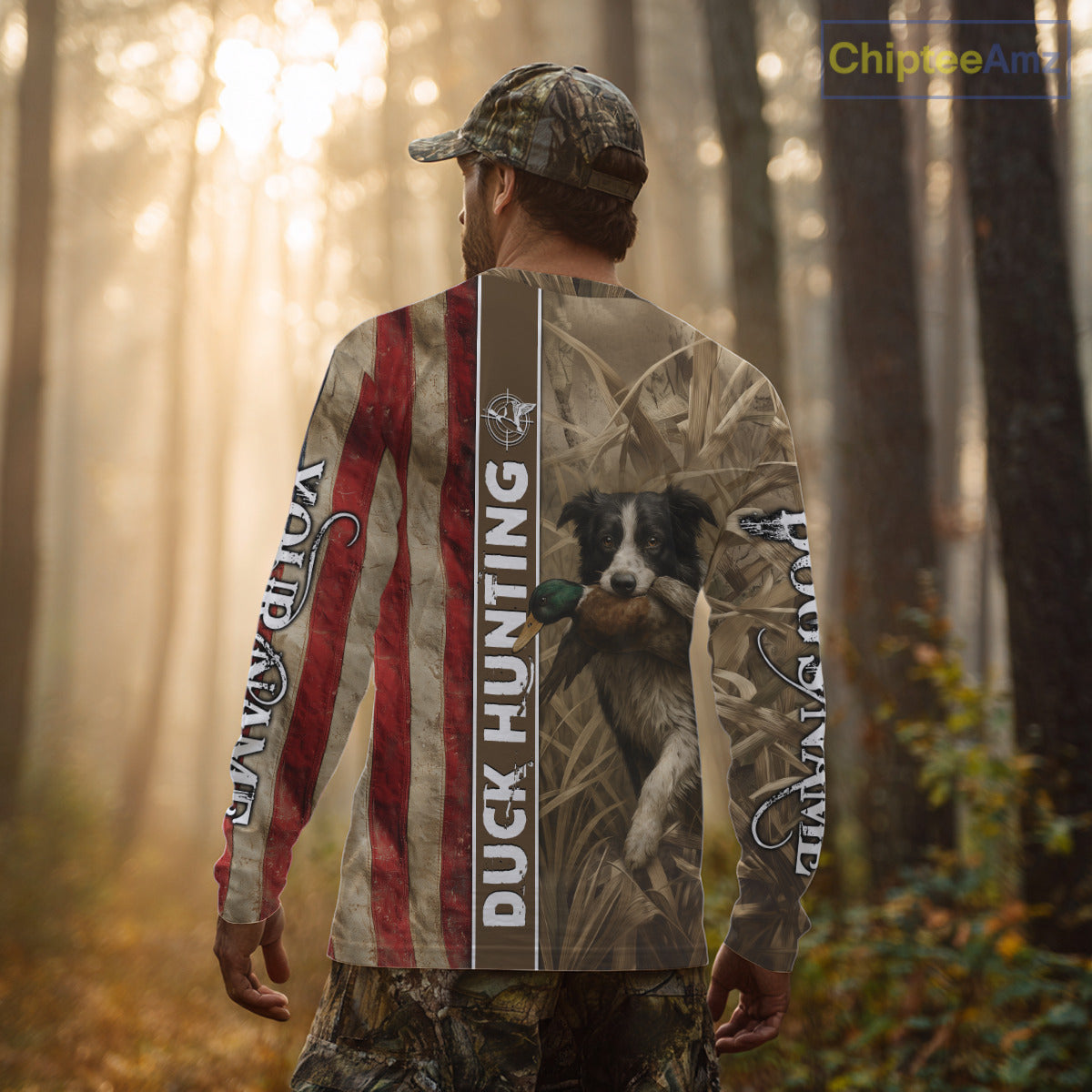 Border Collies Duck Hunting Waterfowl Camo US Flag Shirts, Custom Name Shirts, Hunting Gifts NBT96