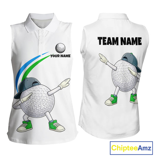 White Funny Golf Ball Custom Team Polo Shirt, Personalized Womens Sleeveless Golf Polo Shirt, Golf Lovers Gift NBT603
