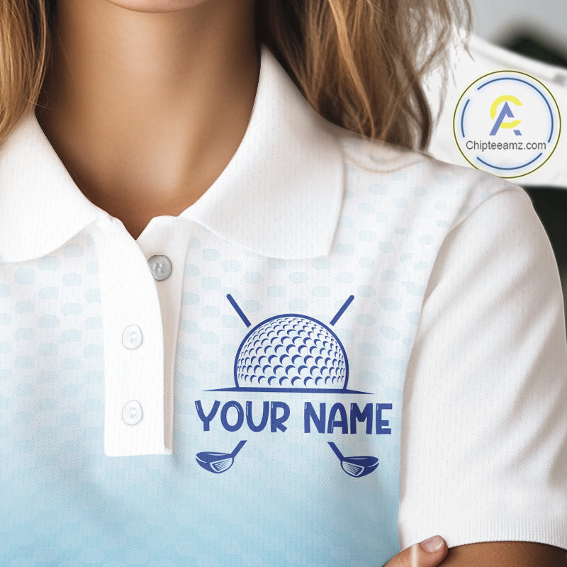Blue White Womens Polo Golf Shirts Custom Name Golf Shirt For Women, Golf Team Clothes NBT504