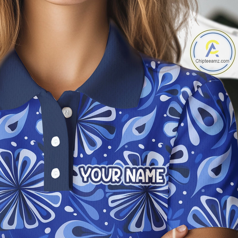Womens Golf Polo Shirts Custom Name Blue Geometric Floral Pattern, Team Golf Shirt NBT512