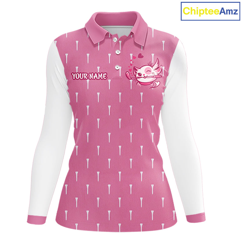 front view of long sleeve cat mom funny womens golf polo shirt for mother’s day gifts