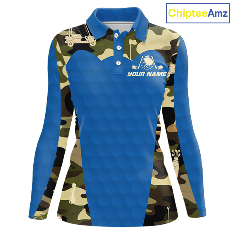 Blue Camo Womens Golf Polo Shirts Custom Golf Outfit For Ladies, Team Golf Shirts NBT632