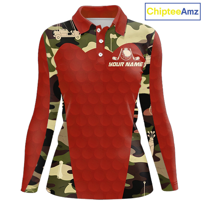 Red Camo Womens Golf Polo Shirts Custom Golf Outfit For Ladies, Team Golf Shirts NBT633