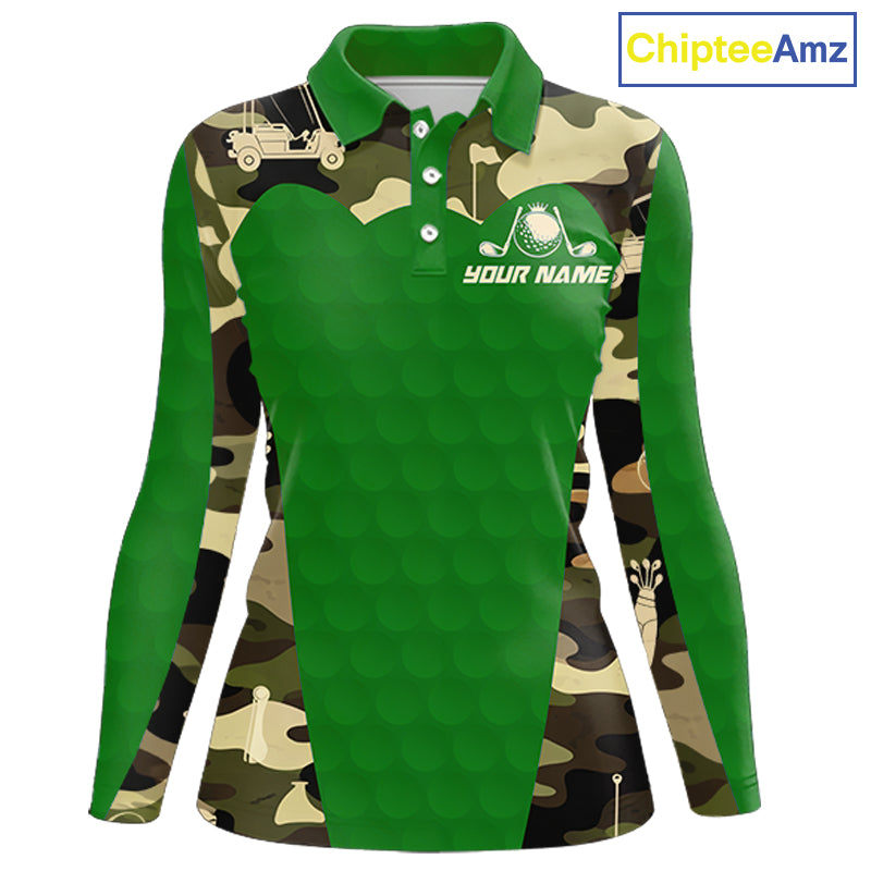 Green Camo Womens Golf Polo Shirts Custom Golf Outfit For Ladies, Team Golf Shirts NBT634