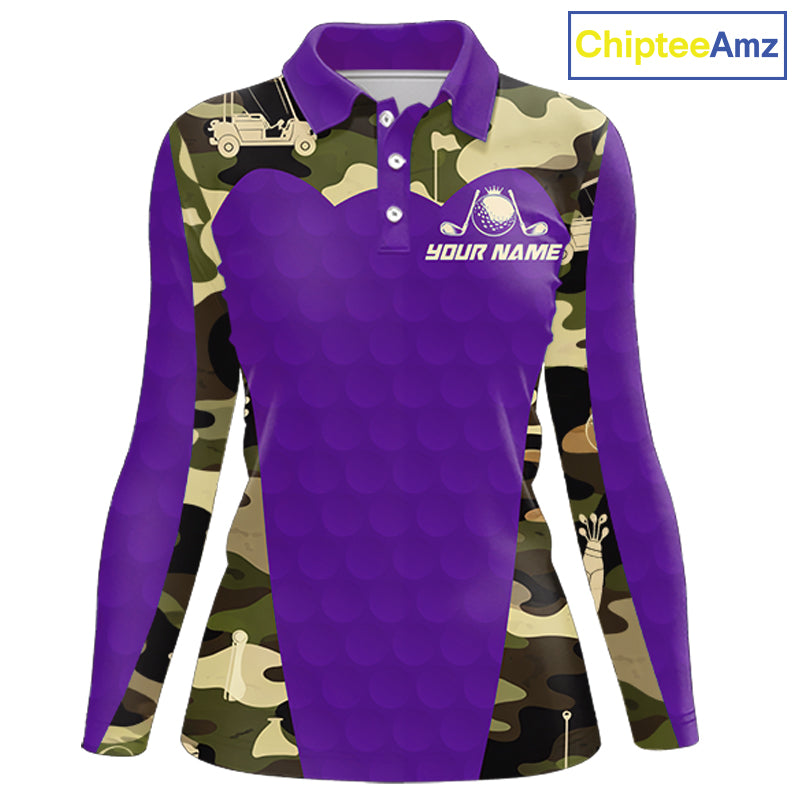 Purple Camo Womens Golf Polo Shirts Custom Golf Outfit For Ladies, Team Golf Shirts NBT635