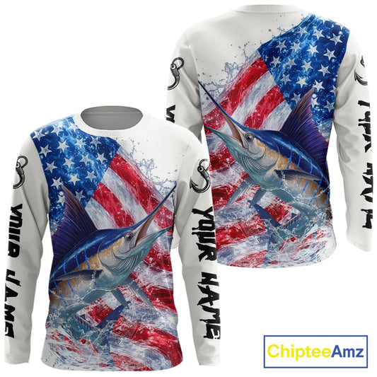 American Flag Patriotic Marlin Fishing Custom Long Sleeve Shirts, 4th of July Fishing Tournament Shirts NBT526