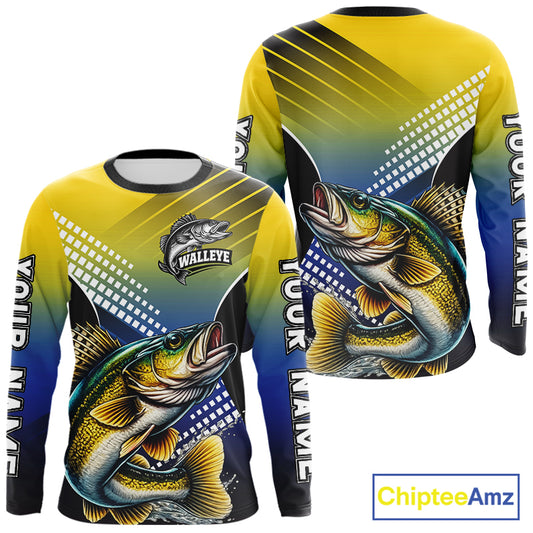 Walleye Fishing Shirts Long Sleeve Blue And Yellow Camo Custom Name, Walleye Fishing Shirts NBT439