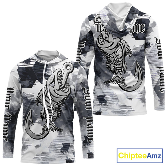 Front and back view of fish reaper skull long sleeve hooded fishing shirt for men with fish skeleton graphic and custom team name, your name