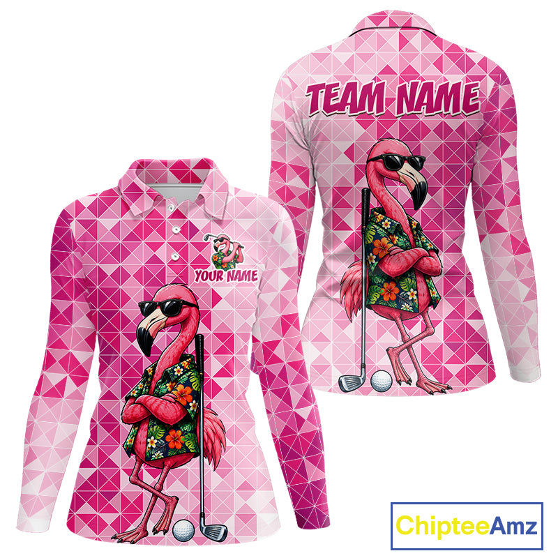 Funny Pink Flamingo Golf Polo Shirt Womens Custom Name Team Golf Shirts, Golf Gifts NBT956
