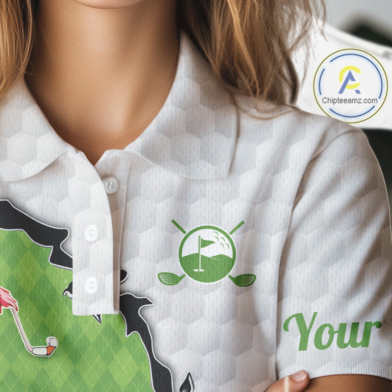 Funny Womens Golf Polo Shirt Green Argyle Flamingo Pattern Custom Name White Golf Shirt NBT558