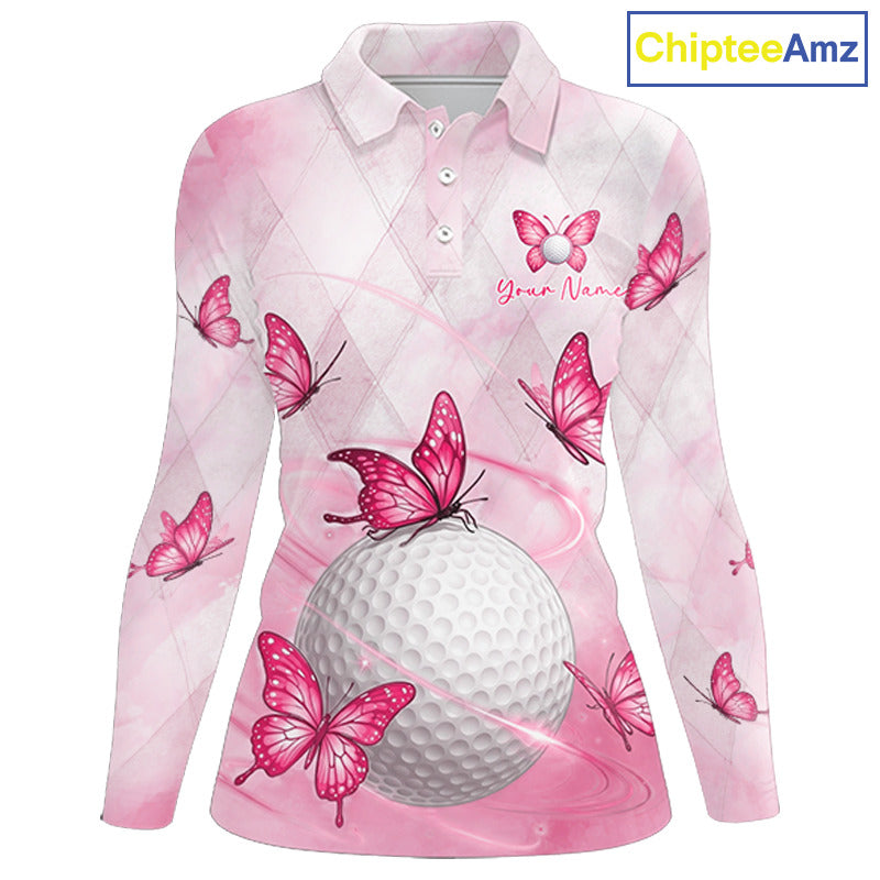 Pink Womens Golf Polo Shirt Custom Butterfly Team Ladies Golf Tops, Golf Gifts NBT596