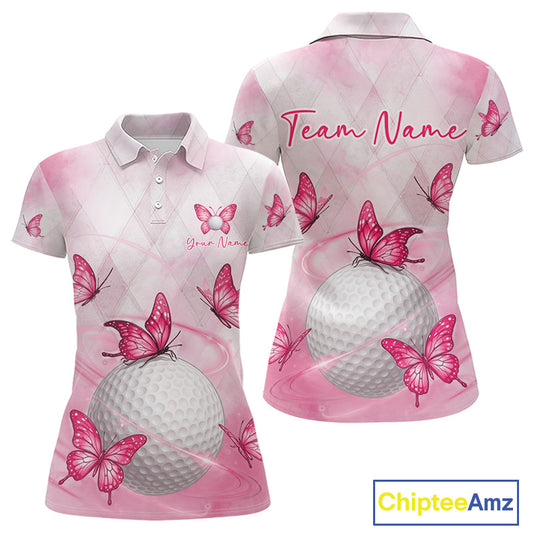 Pink Womens Golf Polo Shirt Custom Butterfly Team Ladies Golf Tops, Golf Gifts NBT596