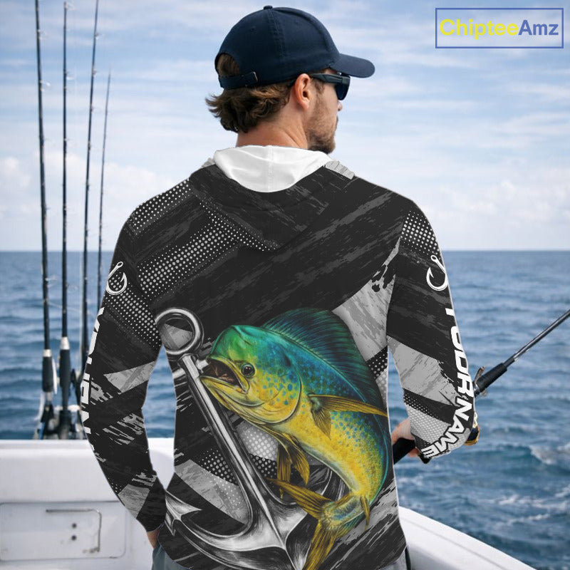 Personalized Mahi Mahi Long Sleeve Hooded Fishing Shirts Anchor Vector Custom Name Black Camo, Saltwater Fishing Shirts NBT473