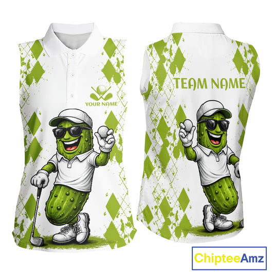 Funny Pickles Womens Sleeveless Golf Polo Shirt, Matching Golf Polo, Argyle Pattern Golf Shirts For Mens NBT611