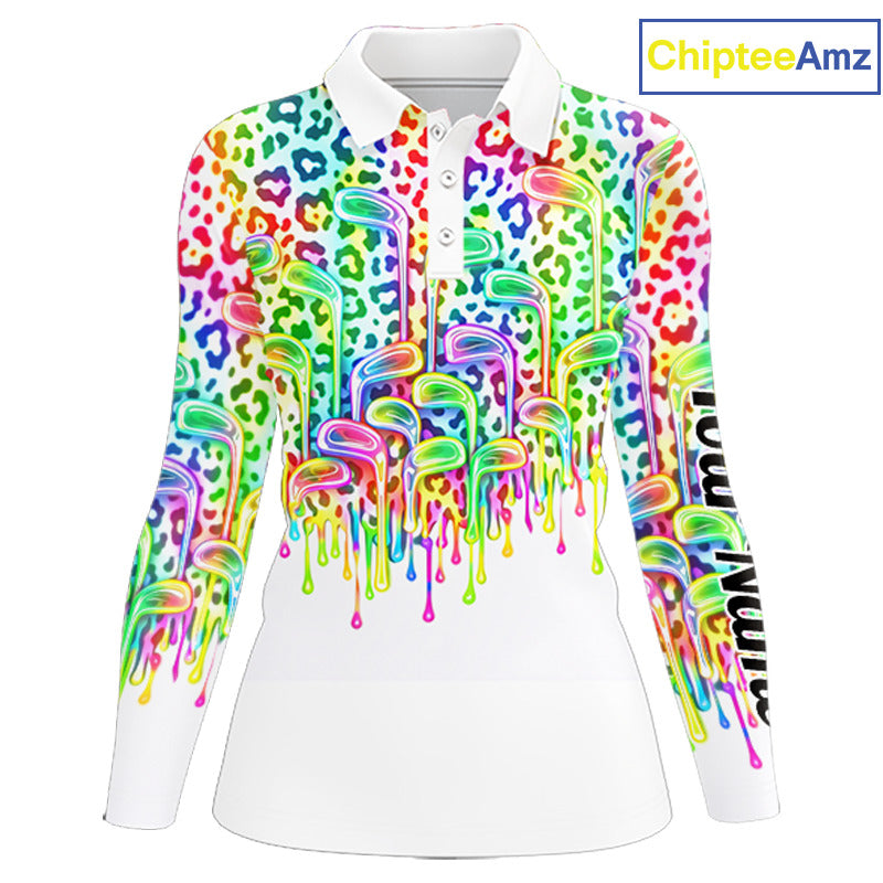 Womens Golf Polo Shirts Colorful Neon Watercolor Leopard Custom Name White Golf Shirts NBT509