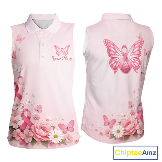 Custom Name Pink Butterfly Floral Pattern Breast Cancer Month Lady Golfer Women's Sleeveless Polo Shirt NBT529