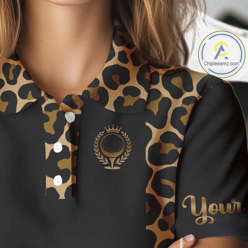 Womens Golf Polo Shirts Brown Leopard Pattern Black Golf Shirt Custom Name Golf Wear For Ladies NBT560