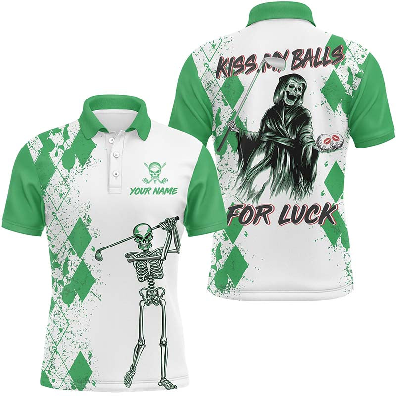 Mens Kiss My Balls Golf Polo Shirts Skeleton Green Argyle Scary Halloween Golf Shirts For Men LDT0324