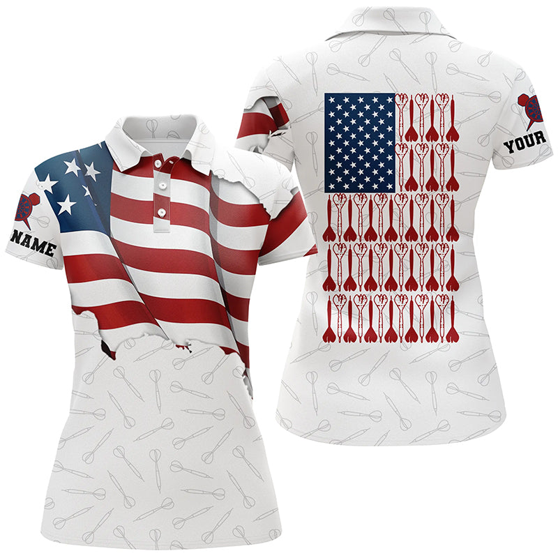 Darts Pattern Waving American Flag White Polo Shirt Patriotic Dart Jersey For Women LDT0362
