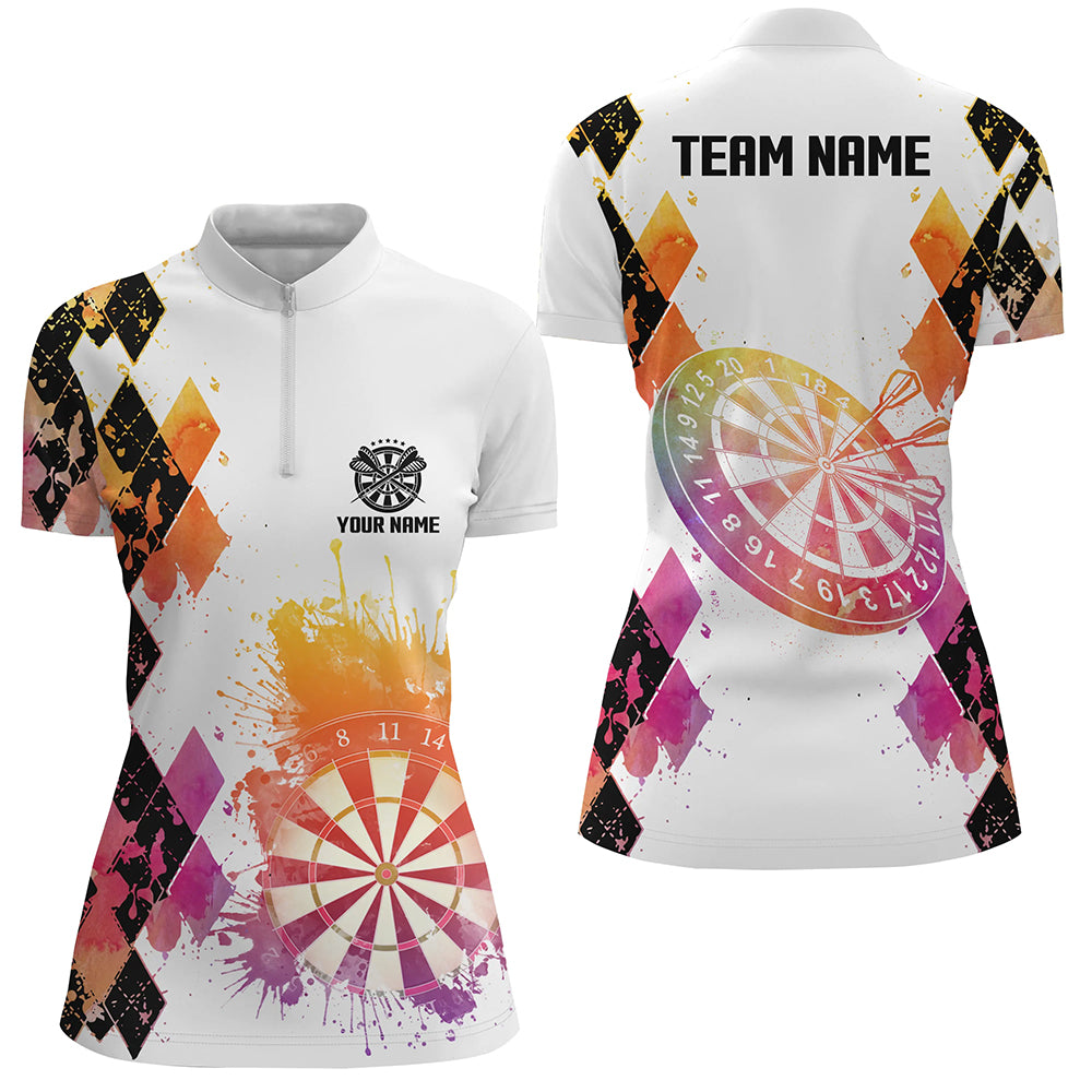 Colorful Watercolor Argyle Pattern Darts Quarter Zip Shirt Custom Dart Jerseys For Women LDT1005