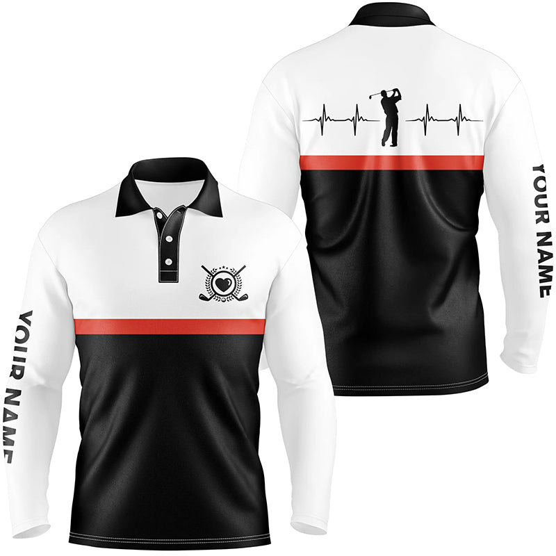 Golf Heart Beat Black Orange Mens Polo Shirts Custom Name Golf Shirts For Men Golfing Gifts LDT0384