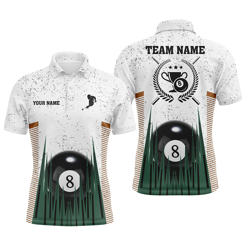Personalized 8 Ball Pool White Grunge Polo Shirts For Men, 8 Ball Trophy Emblem Billiard Jerseys VHM0200