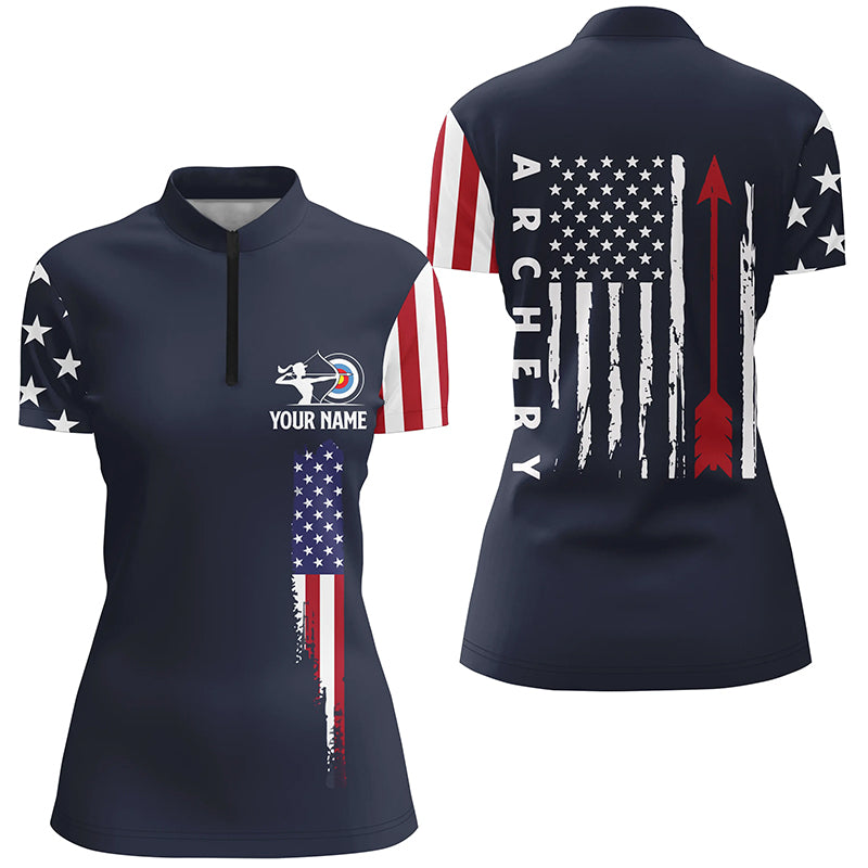 Personalized Navy American Flag Archery Quarter-Zip Shirts For Women, Flag Arrow Archery Jerseys VHM0738