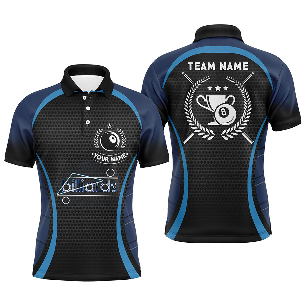 Personalized Blue 8 Ball Pool Polo Shirts For Men, Custom Billiard 8 Ball Emblem Trophy Jerseys VHM0798