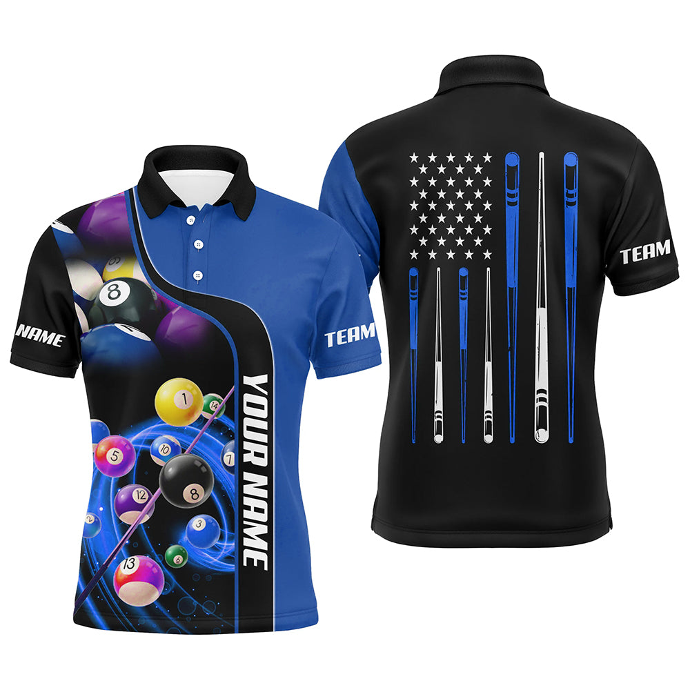 Personalized Blue Billiard Balls 3D Polo Shirts For Men, Custom US Flag Stick Billiard Team Shirts VHM0750