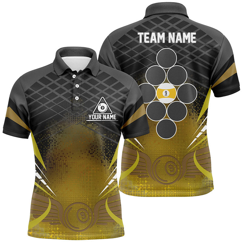 Personalized 9 Ball Pool Billiards Black Yellow 3D Polo Shirts For Men, Billiard Balls Jerseys VHM0507