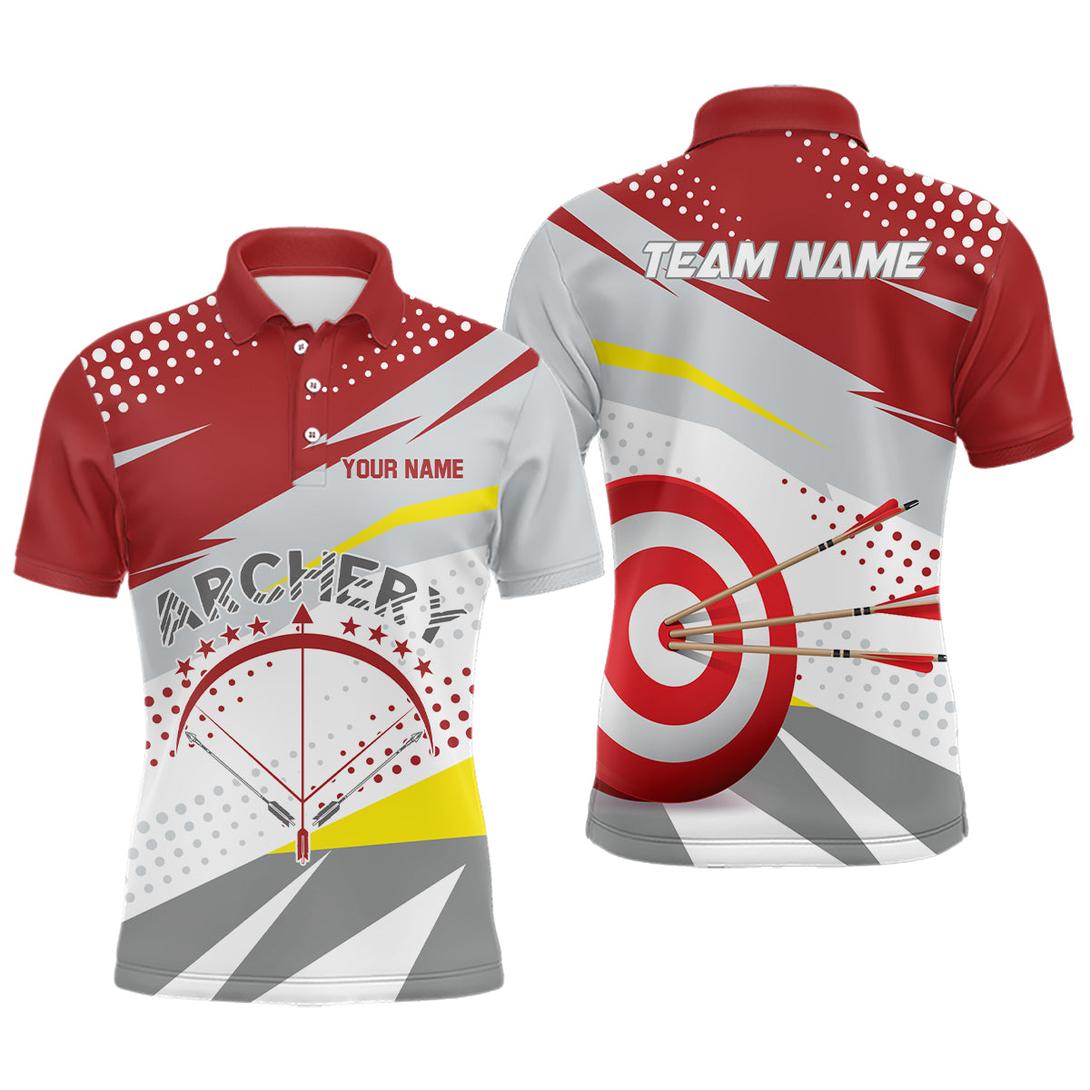 Personalized Grey Red 3D Target Archery Polo Shirts For Men, Custom Bow Archery Team Shirts VHM0789