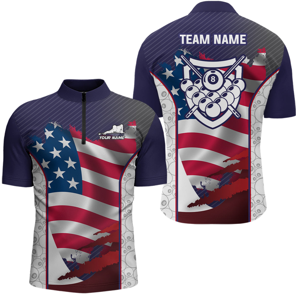 Personalized US Flag 8 Ball Pattern Billiards 3D Quarter-Zip Shirts For Men, Billiards Jerseys VHM0447
