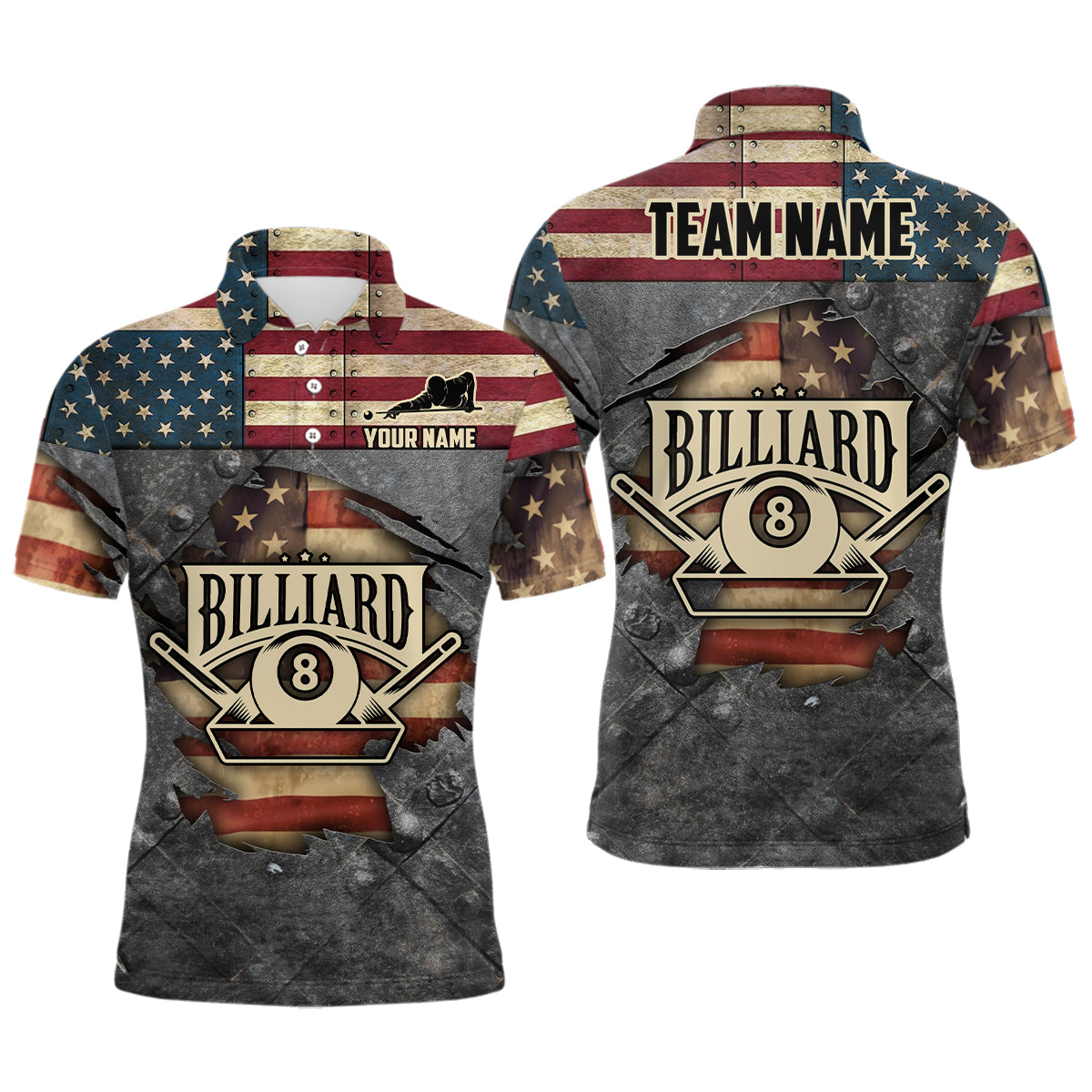 Billiards Vintage US Flag Custom Billiard 3D Polo Shirts For Men, Custom 8 Ball Pool Team Shirts VHM0448