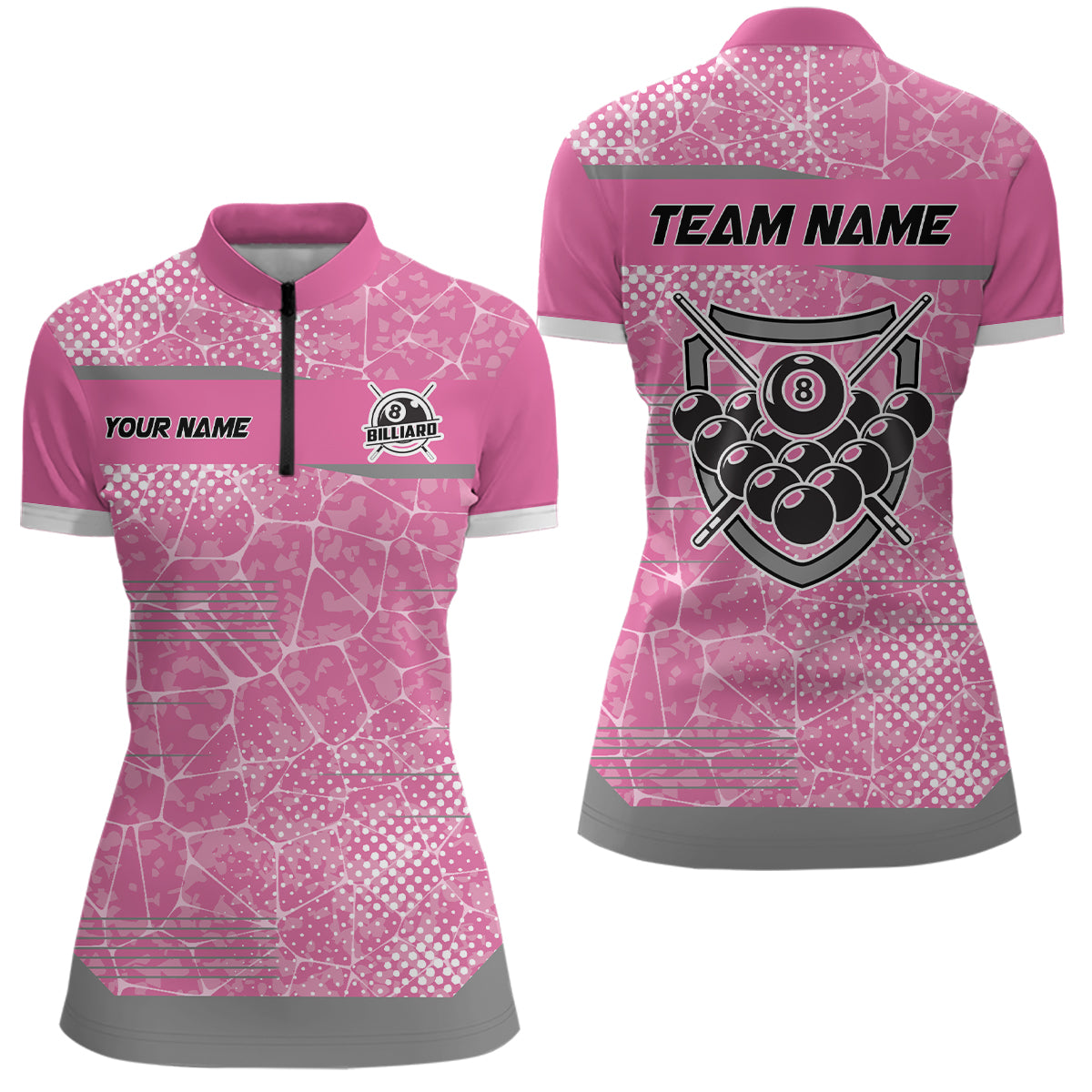 Personalized Pink Grey 8 Ball Billiard Quarter-Zip Shirts For Women, Custom Billiard Balls Jerseys VHM0811