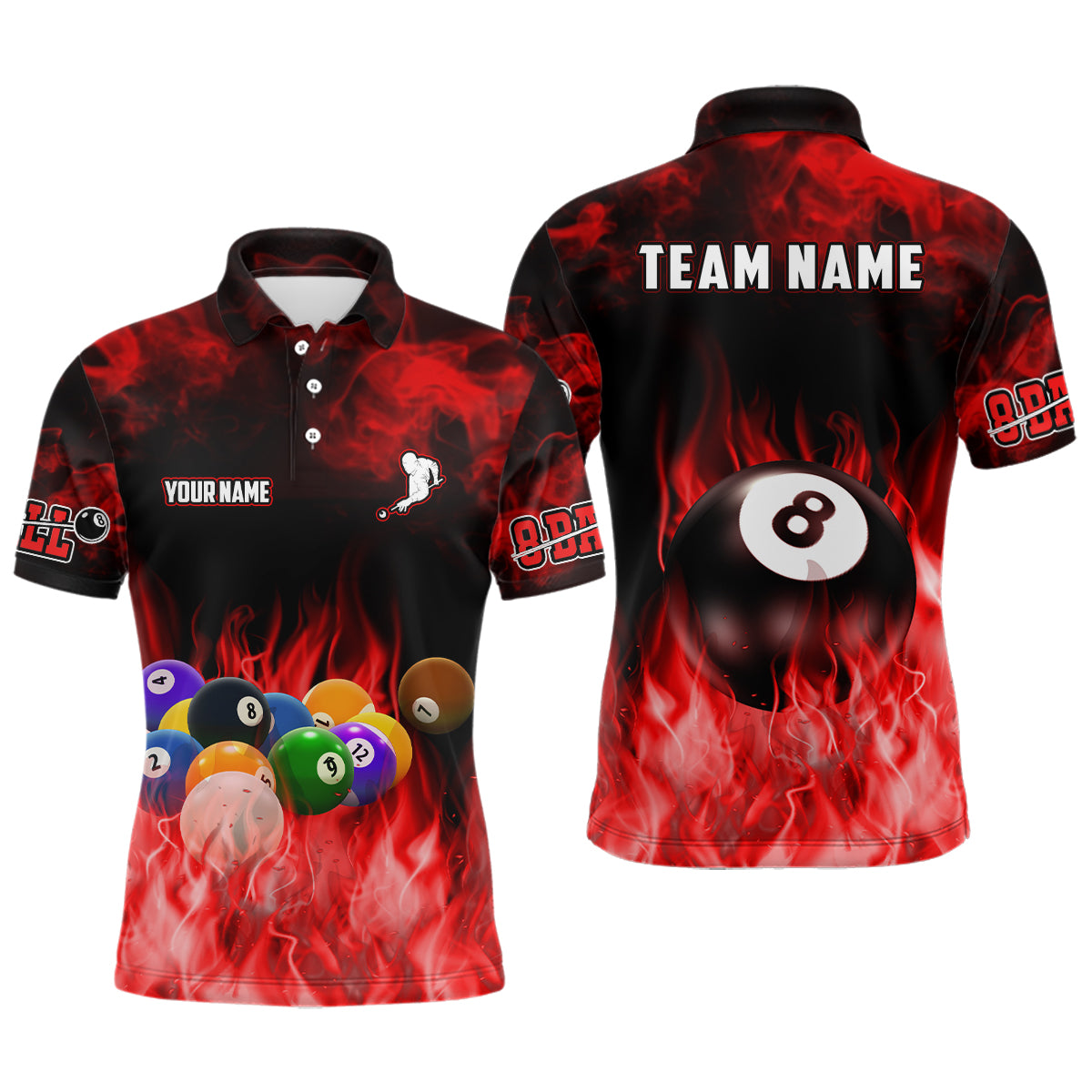 Personalized Billiard Balls Flame Billiard Red 3D Polo Shirts For Men, Custom 8 Ball Pool Jerseys VHM0491