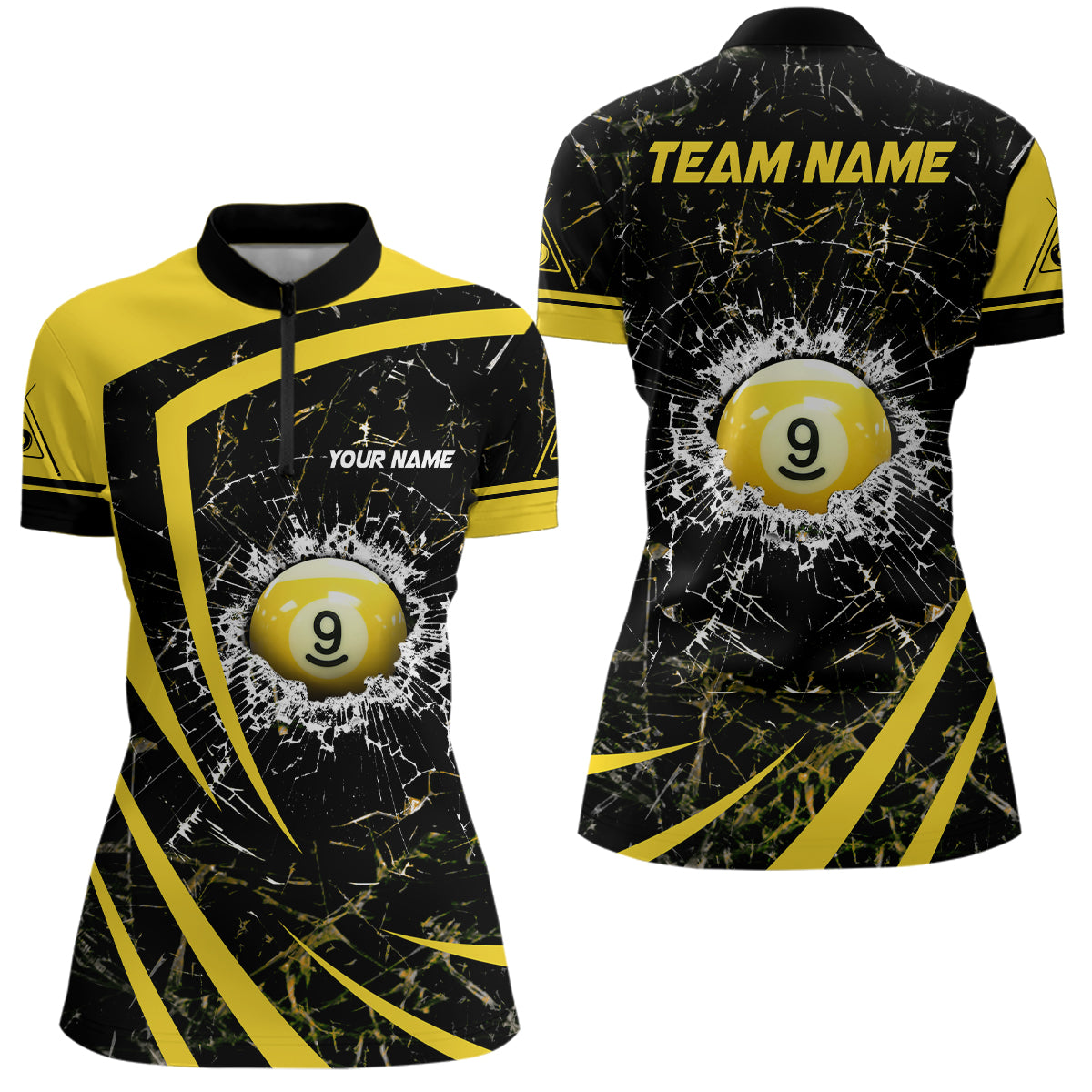 Personalized Yellow Glass Break 9 Ball Billiard 3D Quarter-Zip Shirts For Women, 9 Ball Pool Jerseys VHM0972