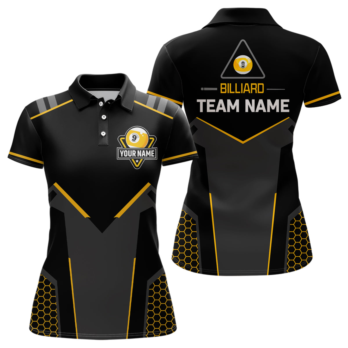 Personalized Style Black Yellow 9 Ball Billiard 3D Polo Shirts For Women, 9 Ball Pool Team Jerseys VHM1053
