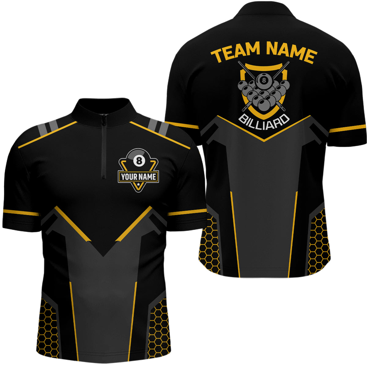 Personalized Black Yellow 8 Ball Billiard 3D Quarter-Zip Shirts For Men, 8 Ball Pool Team Jerseys VHM1054