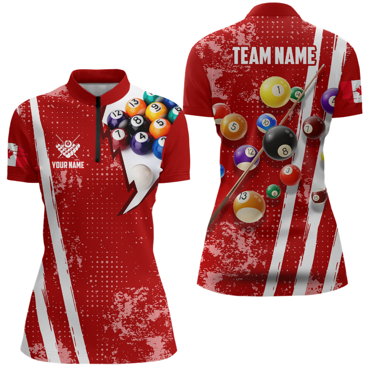 Personalized Red 3D Billiard Balls Quarter-Zip Shirts For Women, Canadian Flag 8 Ball Pool Jerseys VHM0757