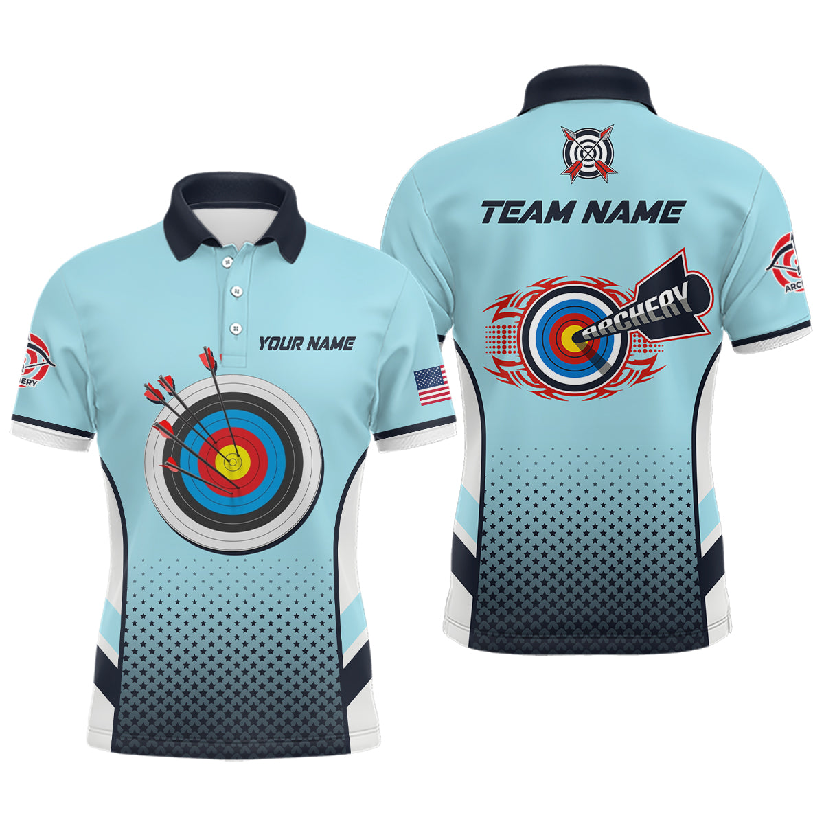 Personalized US Flag 3D Target Archery Polo Shirts For Men, Custom Blue Archery Jerseys VHM0586
