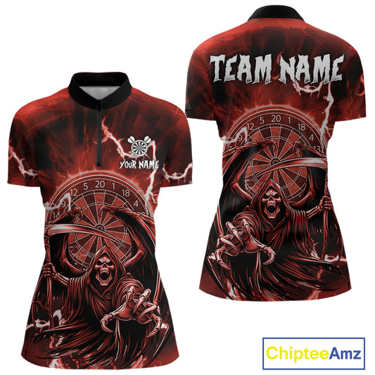 Red Grim Reaper Lightning 3D Darts Shirt For Women Custom Darts Jersey Team Polo & 1/4 Zip TDM4953