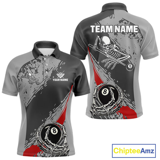 8 Ball Skeleton Custom Billiard Polo & 1/4 Zip For Men, Funny 8 Ball Pool Billiard Team Jersey|Red TDM5676